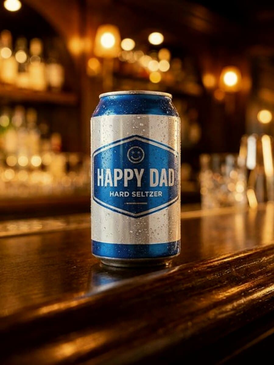 A Happy Dad Hard Seltzer can on a bar top, back-bar bottles glowing behind it